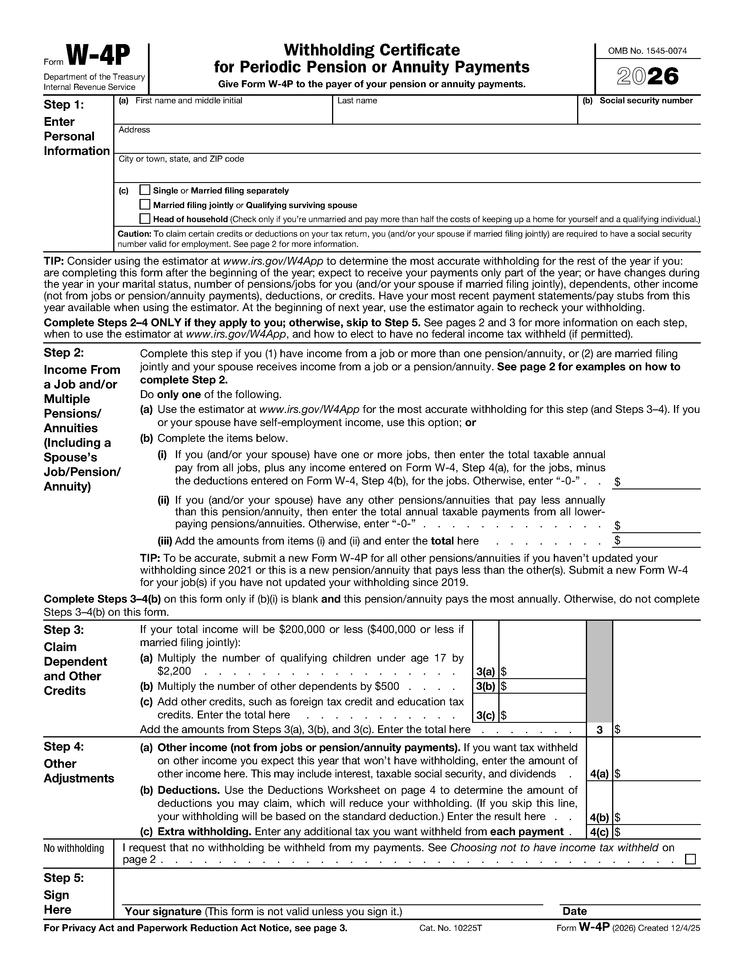 Form W-4P - Withholding Certificate for Periodic Pension or Annuity Payments