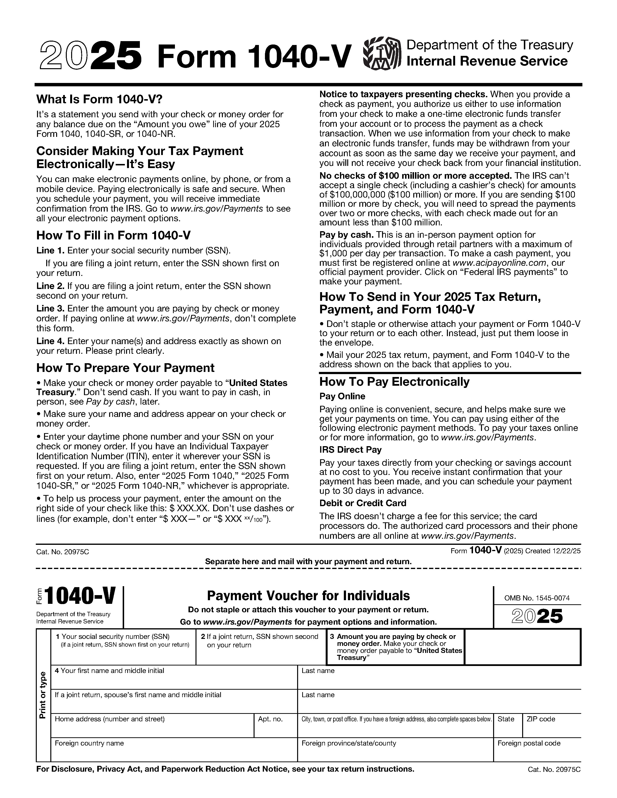 Form 1040-V - Payment Voucher for Individuals