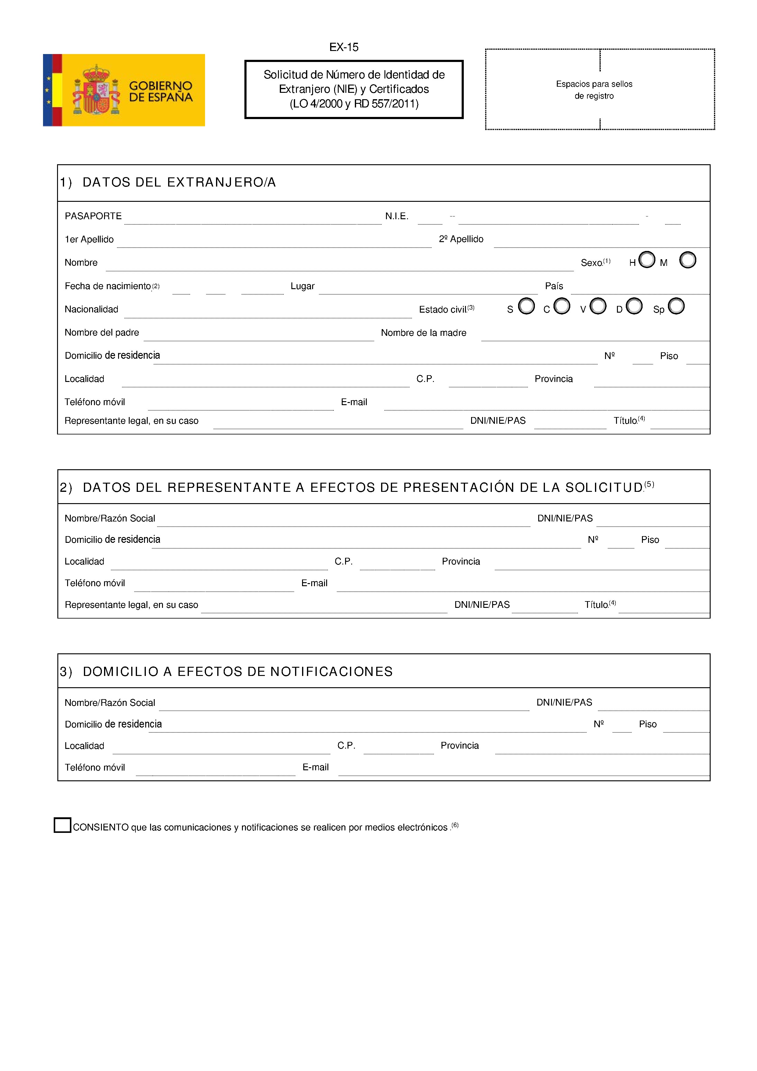 Modelo EX-15 - Solicitud de Número de Identidad de Extranjero (NIE) y Certificados