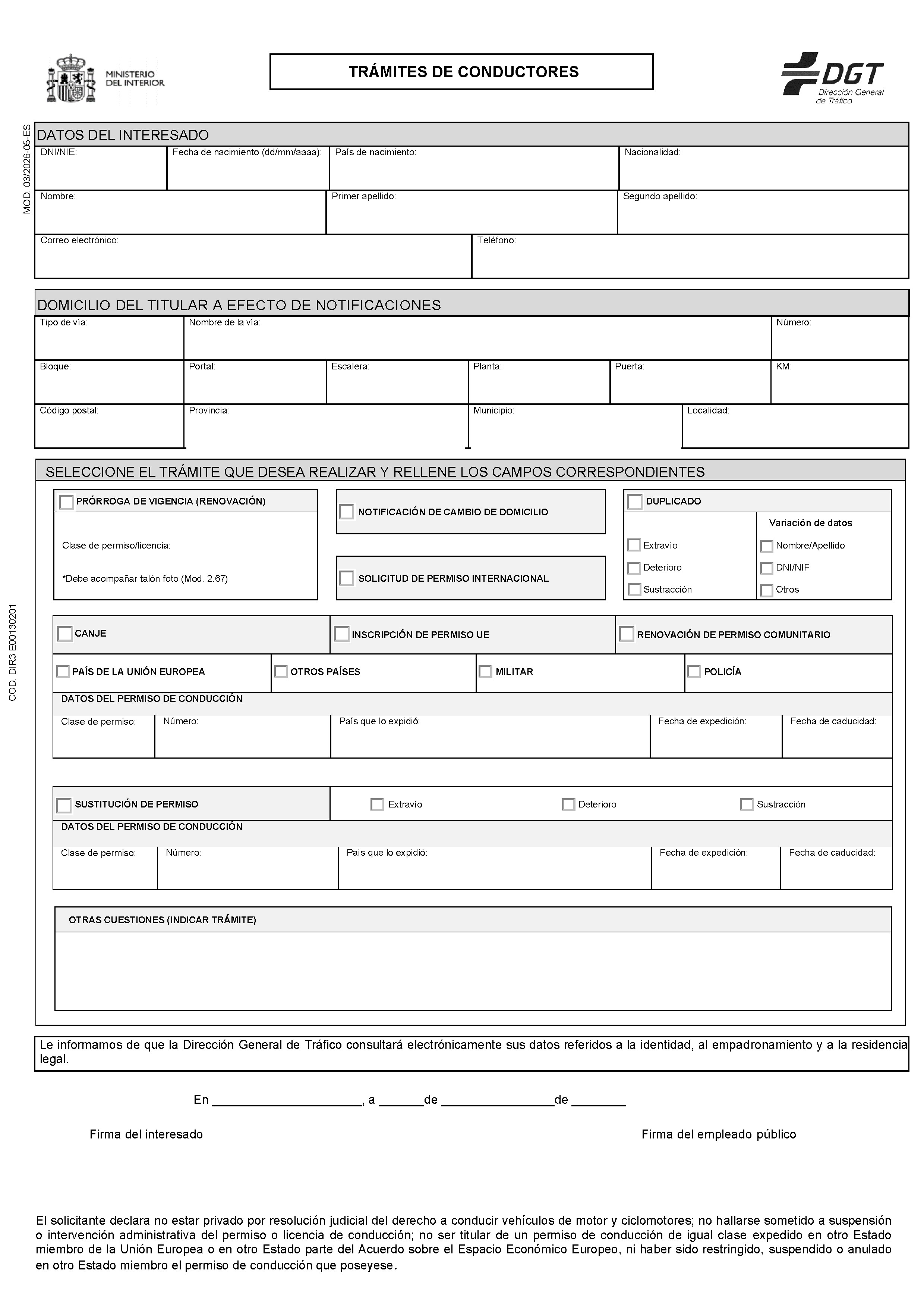 Modelo 03 DGT - Impreso general de solicitud para trámites de conductores