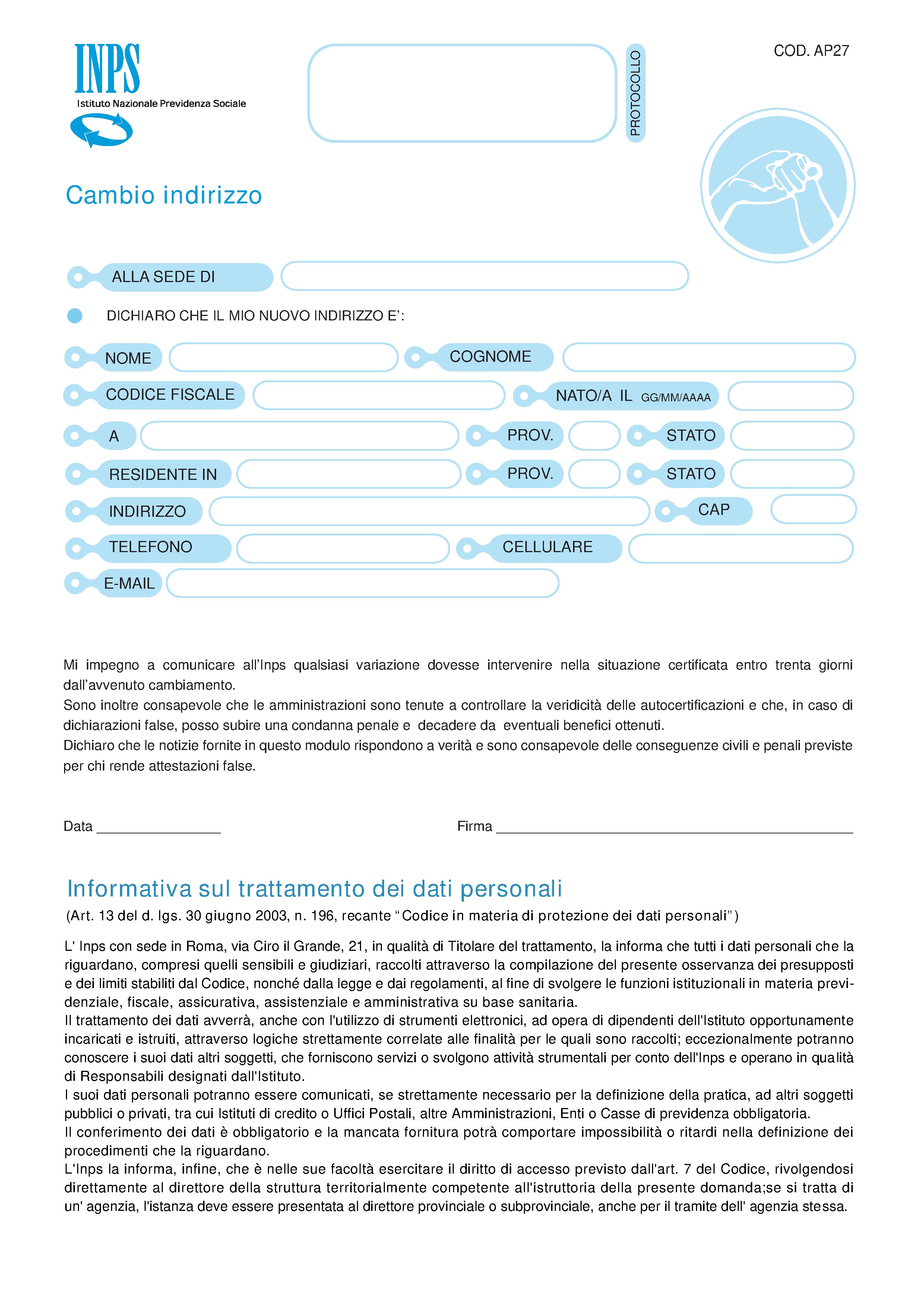 Modulo AP27 - Comunicazione di cambio indirizzo all'INPS